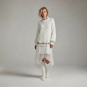 Vintage by design Chunky Knitted  Embroidery Florals Turtleneck Sweater Sz L